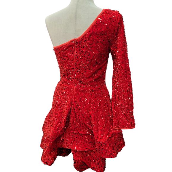 NWT Bright Red Size 2 Asymmetric One Long Sleeve Short Sequin Dress - Picture 9 of 13